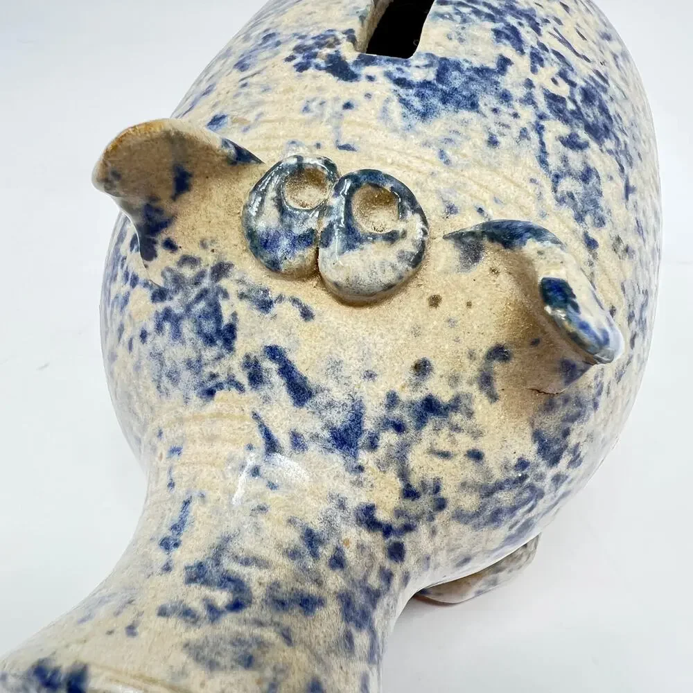 Vintage 80s Blue Spongeware Piggy Bank Stoneware Handmade Studio Pottery Pig